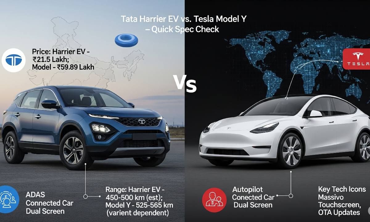  Tata Harrier EV vs Tesla Model Y electric SUV comparison showing price, range, and key feater