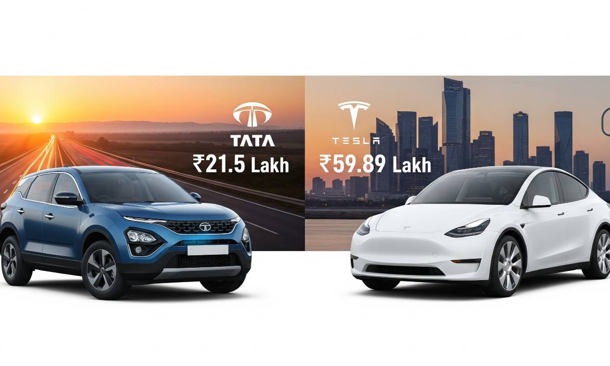 Side-by-side image of Tata Harrier EV and Tesla Model Y