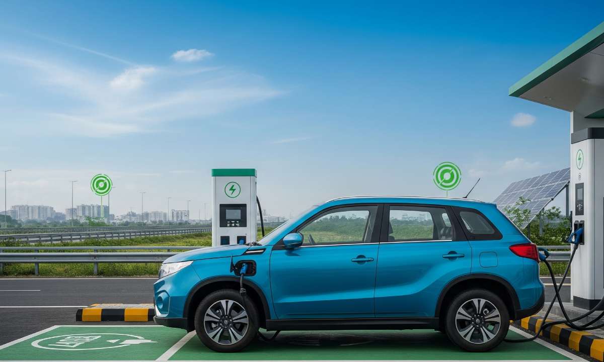 Electric car charging at a fast charger on an Indian highway with green energy and solar panels – India's EV infrastructure revolution