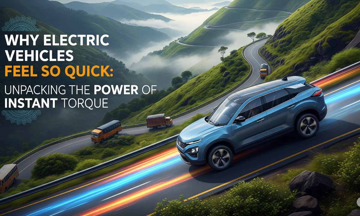 Tata Nexon EV accelerating on a hilly road with motion blur, showcasing instant torque.