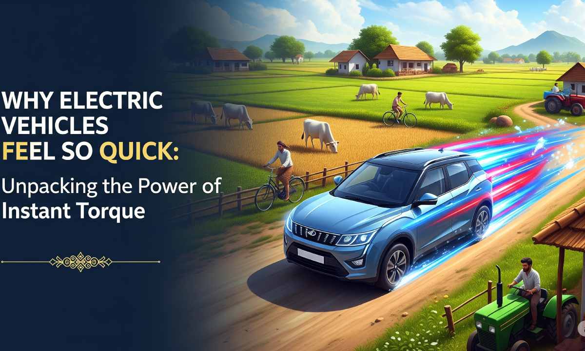 Mahindra XUV400 EV speeding on a rural road, with instant torque and motion blur effects.